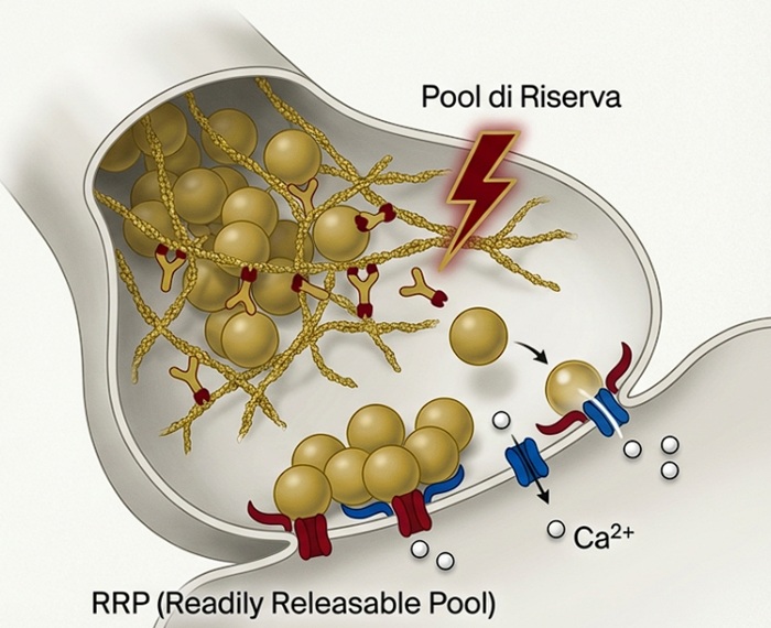 Diagramma di un terminale presinaptico che mostra le vescicole divise in due gruppi: il pool di riserva, ancorato ai filamenti di actina tramite la sinapsina, e il pool prontamente rilasciabile (RRP), ancorato alla zona attiva della membrana plasmatica. Una freccia indica l'ingresso del calcio e la conseguente fosforilazione della sinapsina che libera le vescicole.